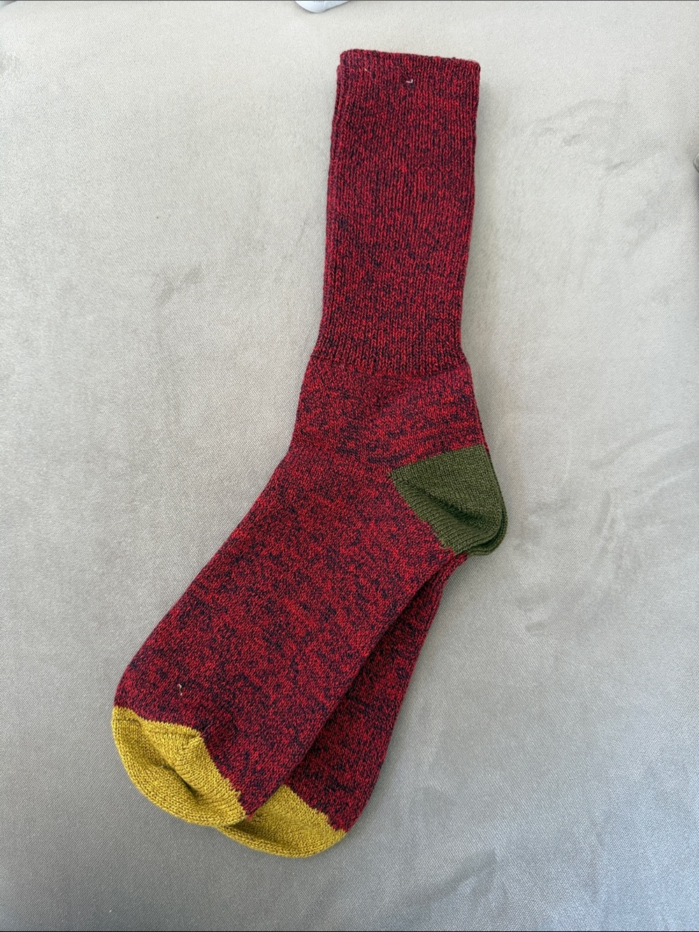 BLK PINE Workshop Men's Red Crew Socks with Olive Heel and Mustard Toe